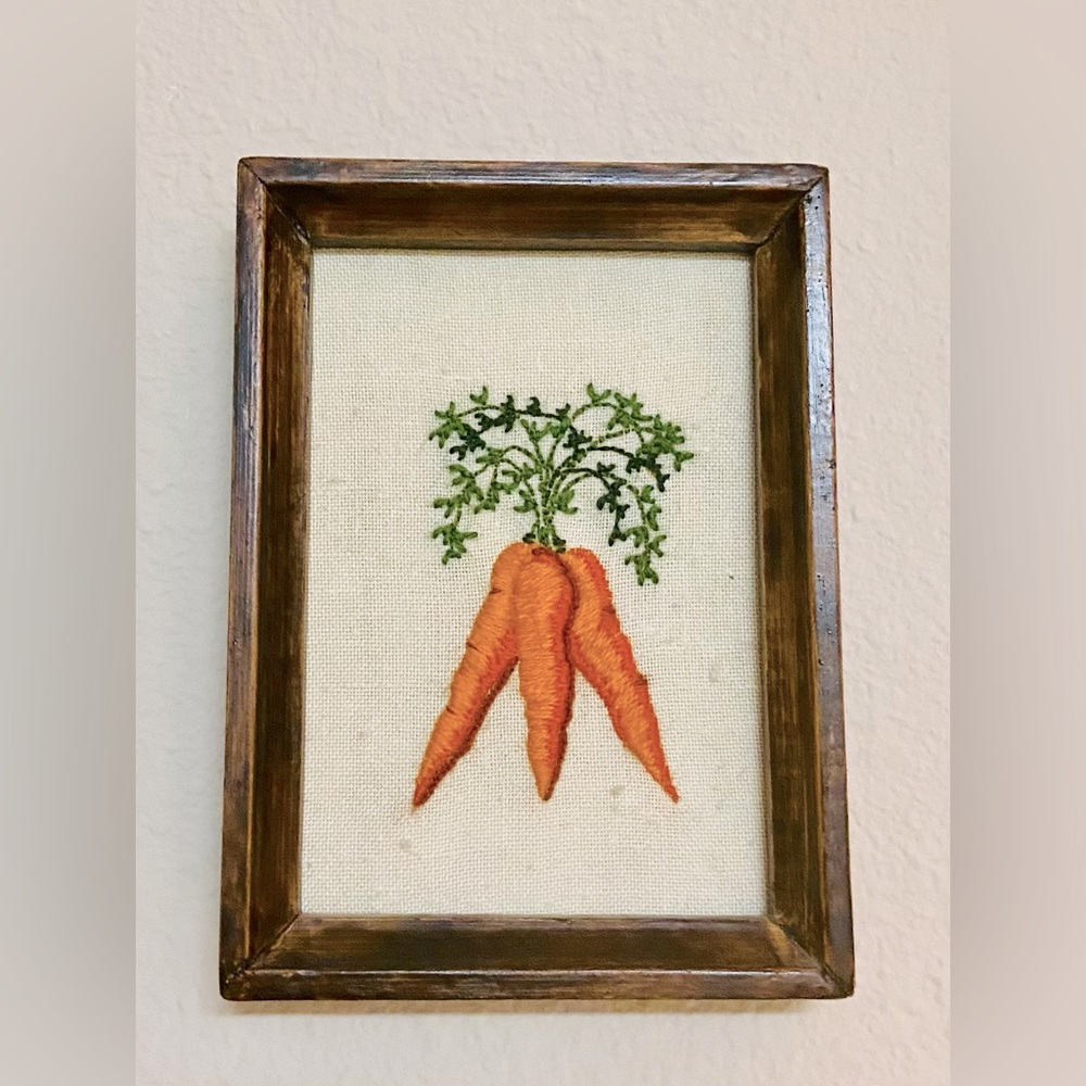 Vintage Handmade and framed Carrot Embroidery Crewel Cross-stitch